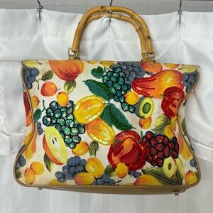 Embellished Fruit Print Canvas Tote w/ Bamboo Handles | Beaded Detail